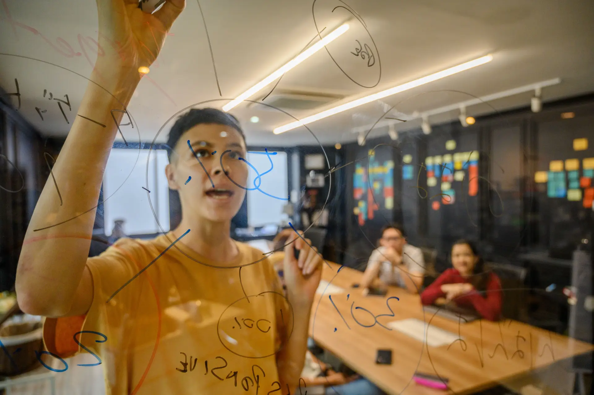 Creator-Team brainstormt gemeinsam am Whiteboard über digitale Inhalte
